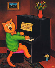Load image into Gallery viewer, Cat Playing Piano Art Print by Martin Leman. Original 1980.