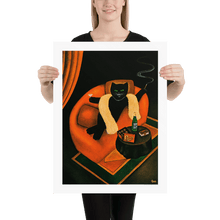 Load image into Gallery viewer, Black Cat in Sofa Art Print by Martin Leman. Original 1980