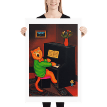 Load image into Gallery viewer, Cat Playing Piano Art Print by Martin Leman. Original 1980.
