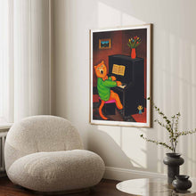 Load image into Gallery viewer, Cat Playing Piano Art Print by Martin Leman. Original 1980.