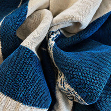 Load image into Gallery viewer, "In the Light" White on Blue Woven Art Blanket Tapestry by Mark Conlan