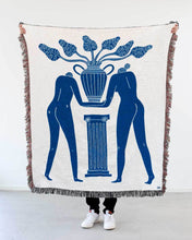 Load image into Gallery viewer, "Temple Plant" Blue on White Woven Art Blanket by Mark Conlan