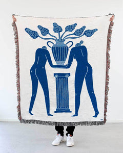 "Temple Plant" Blue on White Woven Art Blanket by Mark Conlan