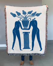 Load image into Gallery viewer, "Temple Plant" Blue on White Woven Art Blanket by Mark Conlan