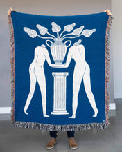 Load image into Gallery viewer, "Temple Plant" White on Blue Woven Art Blanket by Mark Conlan
