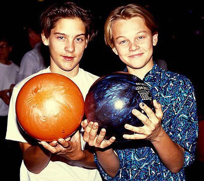 Tobey Maguire and Leonardo DiCaprio Bowling. 1989
