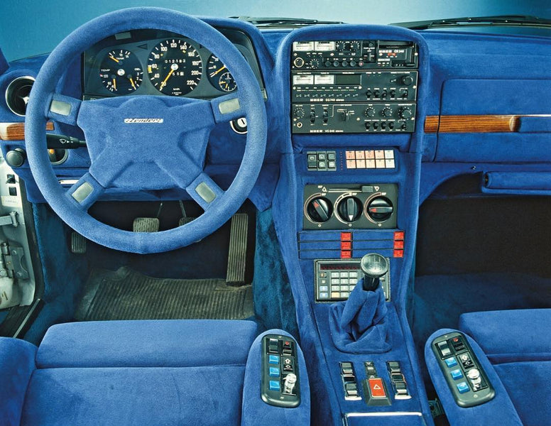 Blue Ultrasuede is the thing. Mercedes-Benz 280TE by Zender. 1980