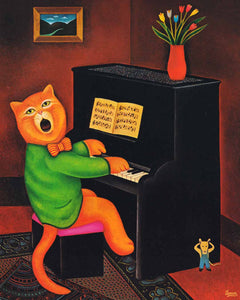 Cat Playing Piano Art Print by Martin Leman. Original 1980.