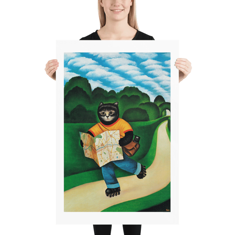 Roller Skate Cat Art Print by Martin Leman. Original 1980
