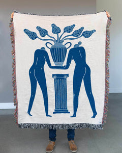 "Temple Plant" Blue on White Woven Art Blanket by Mark Conlan