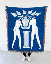 Load image into Gallery viewer, &quot;Temple Plant&quot; White on Blue Woven Art Blanket by Mark Conlan
