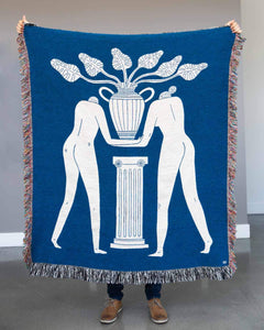 "Temple Plant" White on Blue Woven Art Blanket by Mark Conlan